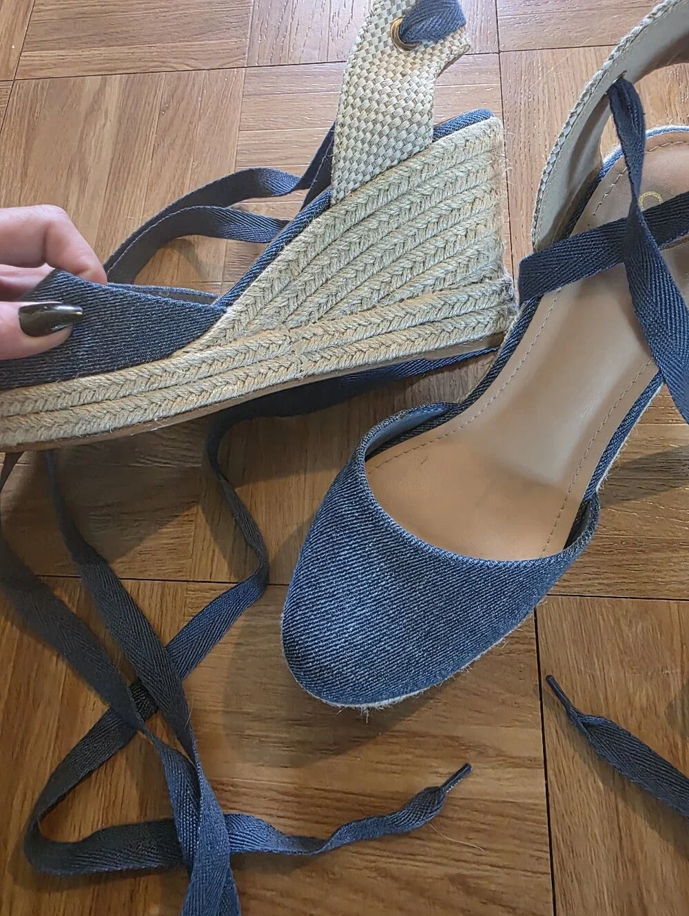 Blue denim wedge sandals with adjustable straps #wedges #denim